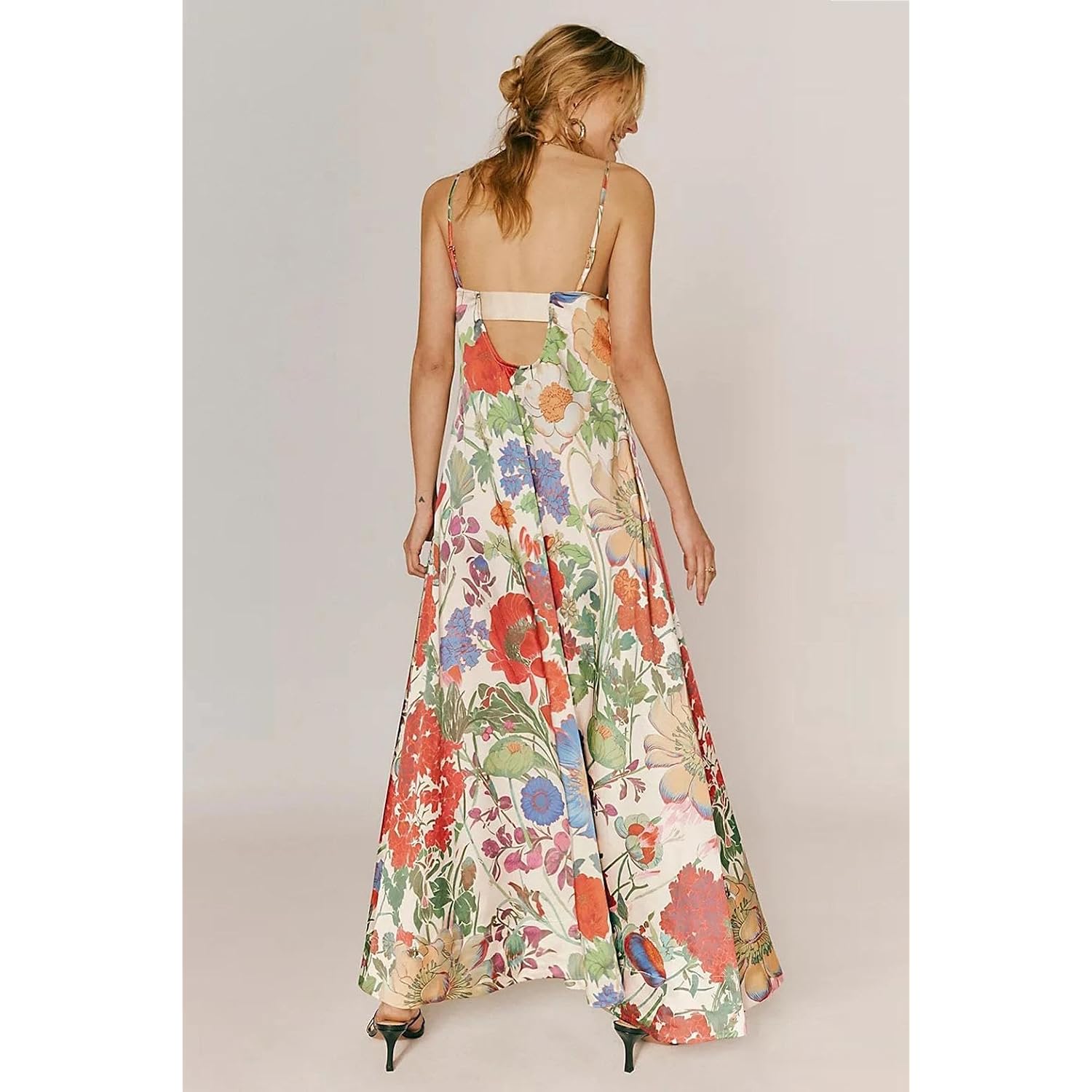 Abyovrt Women Boho Floral Maxi Dress Backless Spaghetti Strap A-Line Flowy Summer Vacation Long Dress