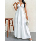 Shenhe Women'S Deep V Neck Tie Knot Backless Halter Dress A Line Flowy Ruffle Maxi Dress