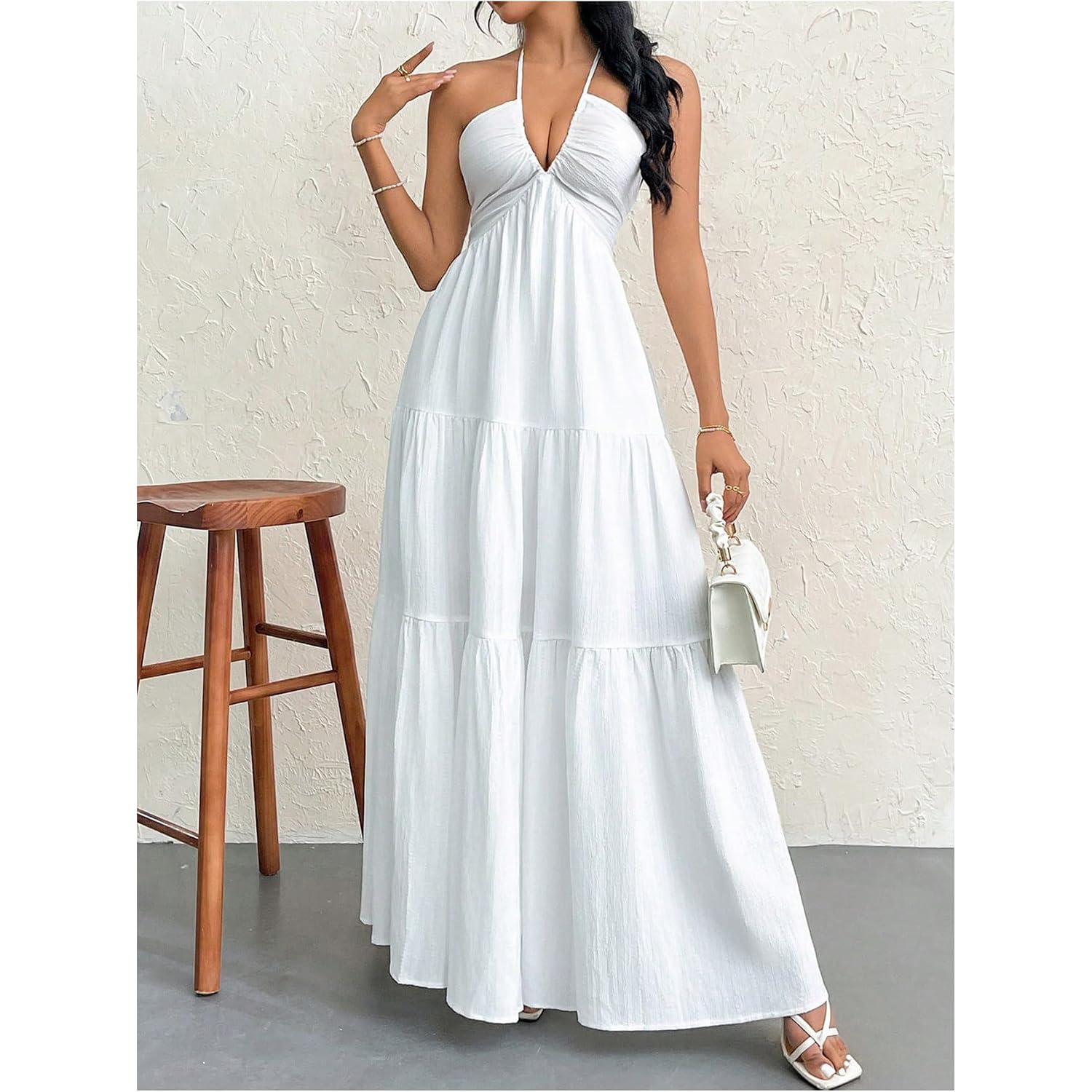 Shenhe Women'S Deep V Neck Tie Knot Backless Halter Dress A Line Flowy Ruffle Maxi Dress
