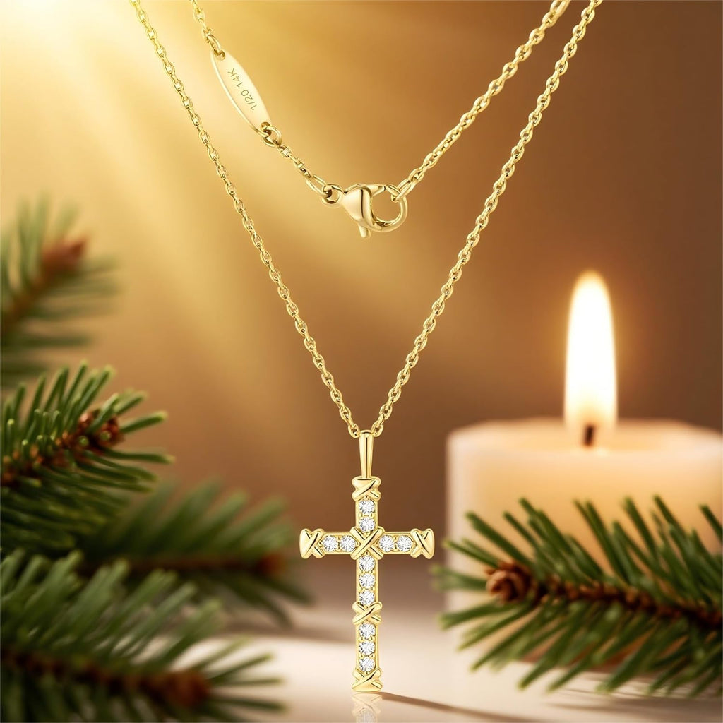 14K Gold Cross Necklace for Women,Gold Filled Sterling Silver Cross Necklace CZ Diamonds Crucifix Pendant Necklaces,Religious Jewelry Gift for Easter Christmas Mother's Day Birthday Daily Wear