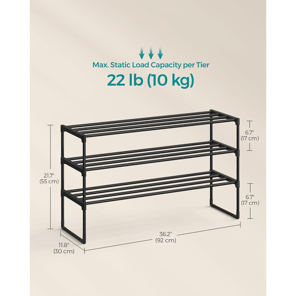 SONGMICS Shoe Rack, 3-Tier Shoe Organizer, Metal Storage Shelf, Upright or Upside Down, for 16-20 Pairs, Stackable, for Entryway, 11.8 x 36.2 x 21.7 Inches, Black ULSA303B02