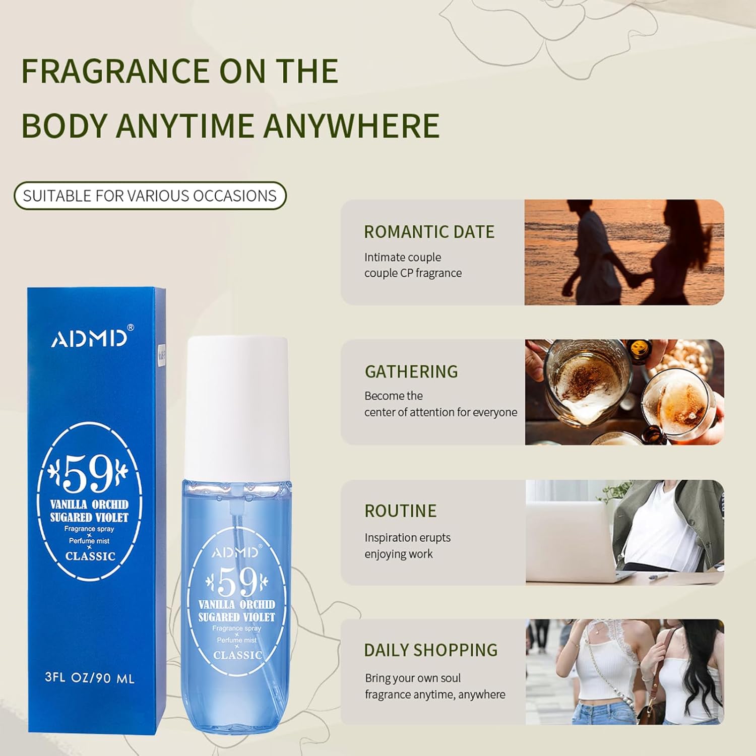 ADMD Sweet Floral Body Spray Romantic Perfume for Women, Model 59# Delightful Fruity Long-Lasting, Enchanting Fragrance Mist, Travel-Size 90ml Non-Sticky