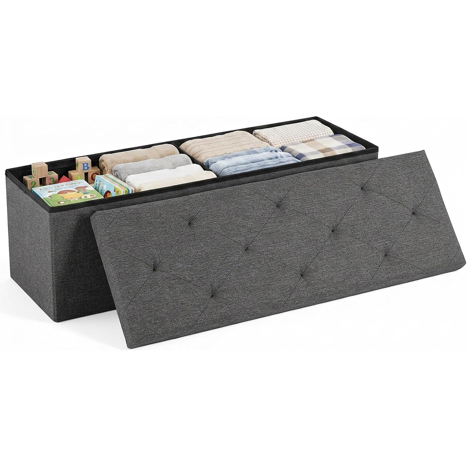 Dumos 43 Inch Folding Storage Ottoman Bench, Large Hidden Storage Chest With Thicker Foam Padded Seat, End Of Bed Foot Rest Stool For Bedroom Living Room Entryway, Load 660 Lbs, Grey
