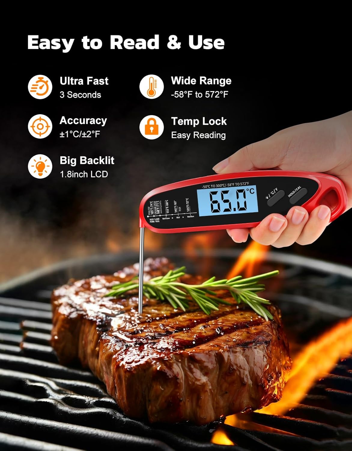 Instant Read Meat Thermometer Digital With Dual Probe, Food Thermometer For Cooking & Grilling, Large Backlit & Calibration, For Kitchen/Oven/Grill/Smoker/Bbq/Candy/Oil Fry, Gifts For Men & Dad