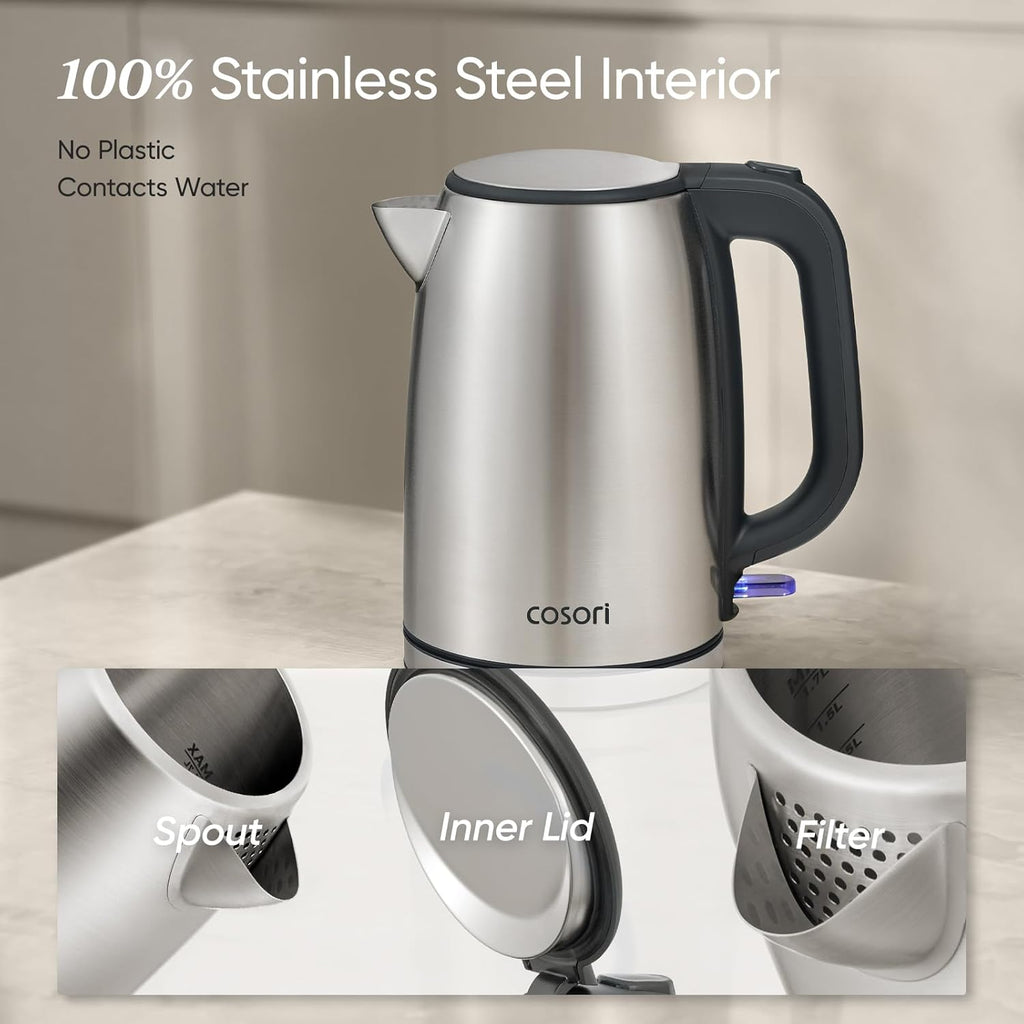 Cosori Electric Kettle, Plastic-Free Interior, Easy to Clean, Automatic Shut Off & Boil-Dry Protection, Stainless Steel Tea Kettle, Hot Water Boiler & Heater, 1.7L, 1500W