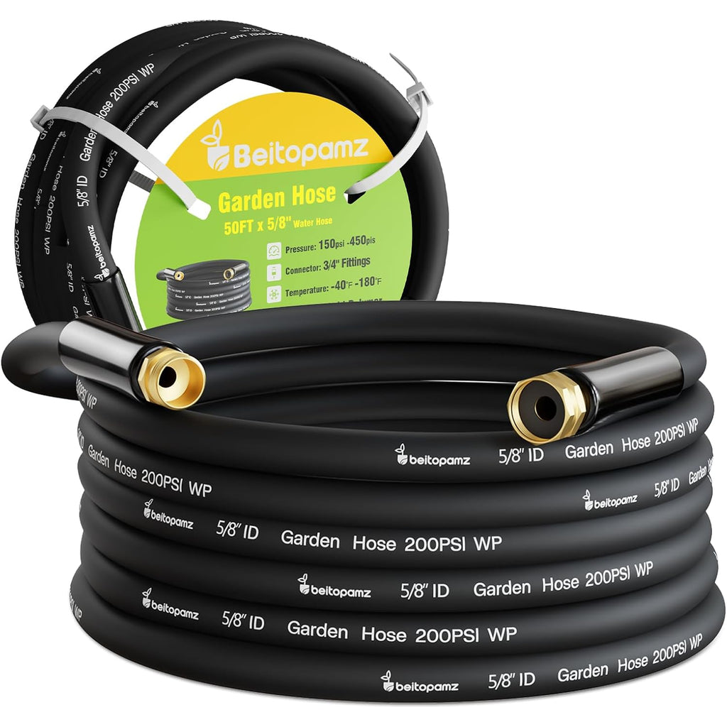 Garden Hose 50 Ft X 5/8 In Heavy Duty Water Hose, Flexible And Durable, Lightweight Rubber Hybrid Hose, Leak-Free Connections, Male To Female 3/4'' Brass Fittings For Patio, Lawn, Black