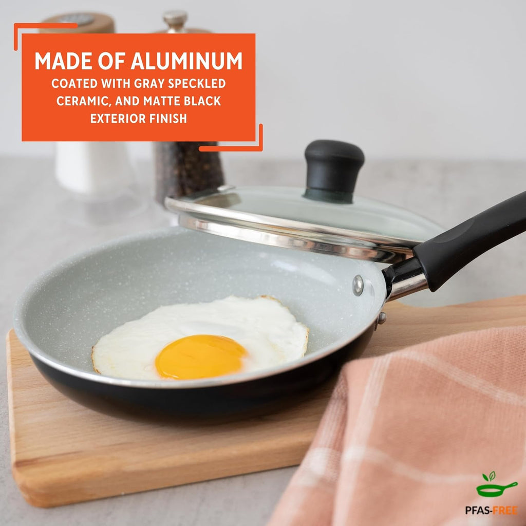 IMUSA 6.3” Gray Speckled Ceramic Mini Fry Pan with Glass Lid – PFAS Free Nonstick Small Skillet for Eggs, Mini Omelets, Crepes & Single Servings, Matte Black Exterior
