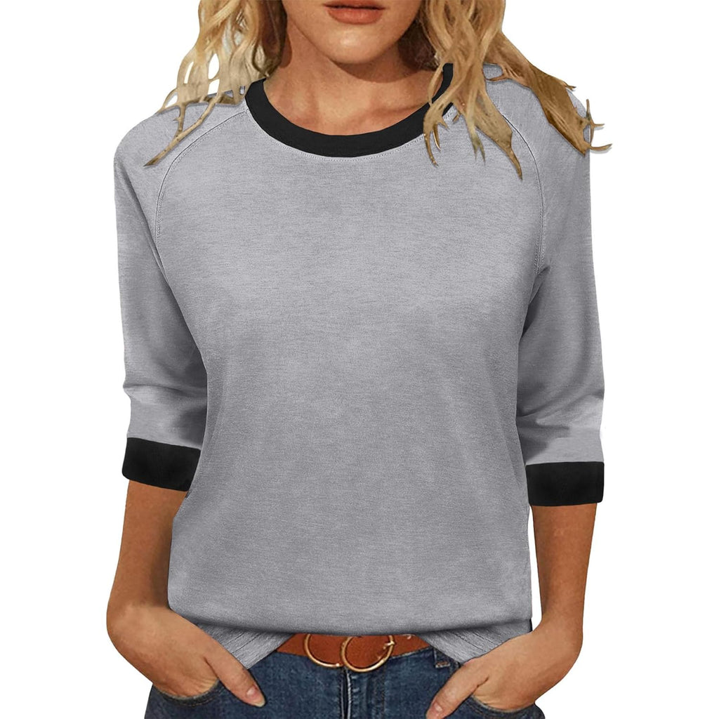Womens Tops Casual 3/4 Sleeve Shirts Round Neck Tunic Blouses Summer Tees
