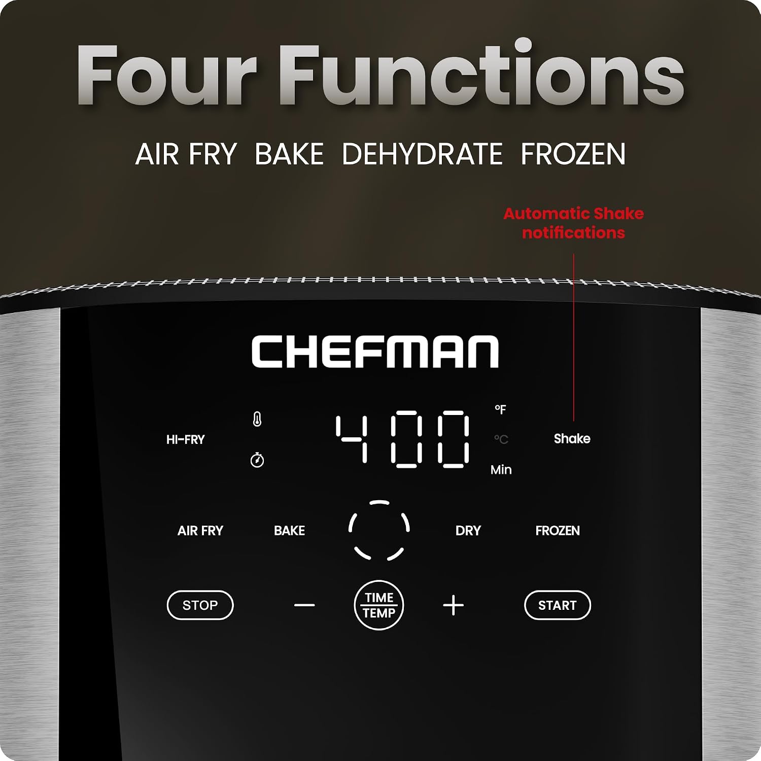 Chefman Air Fryer 8 Qt | Turbofry® 4-In-1 With 450°F Hi-Fry Option For Crispier Results | Bake, Dehydrate, Frozen | Xl Nonstick Dishwasher-Safe Basket | Stainless Steel