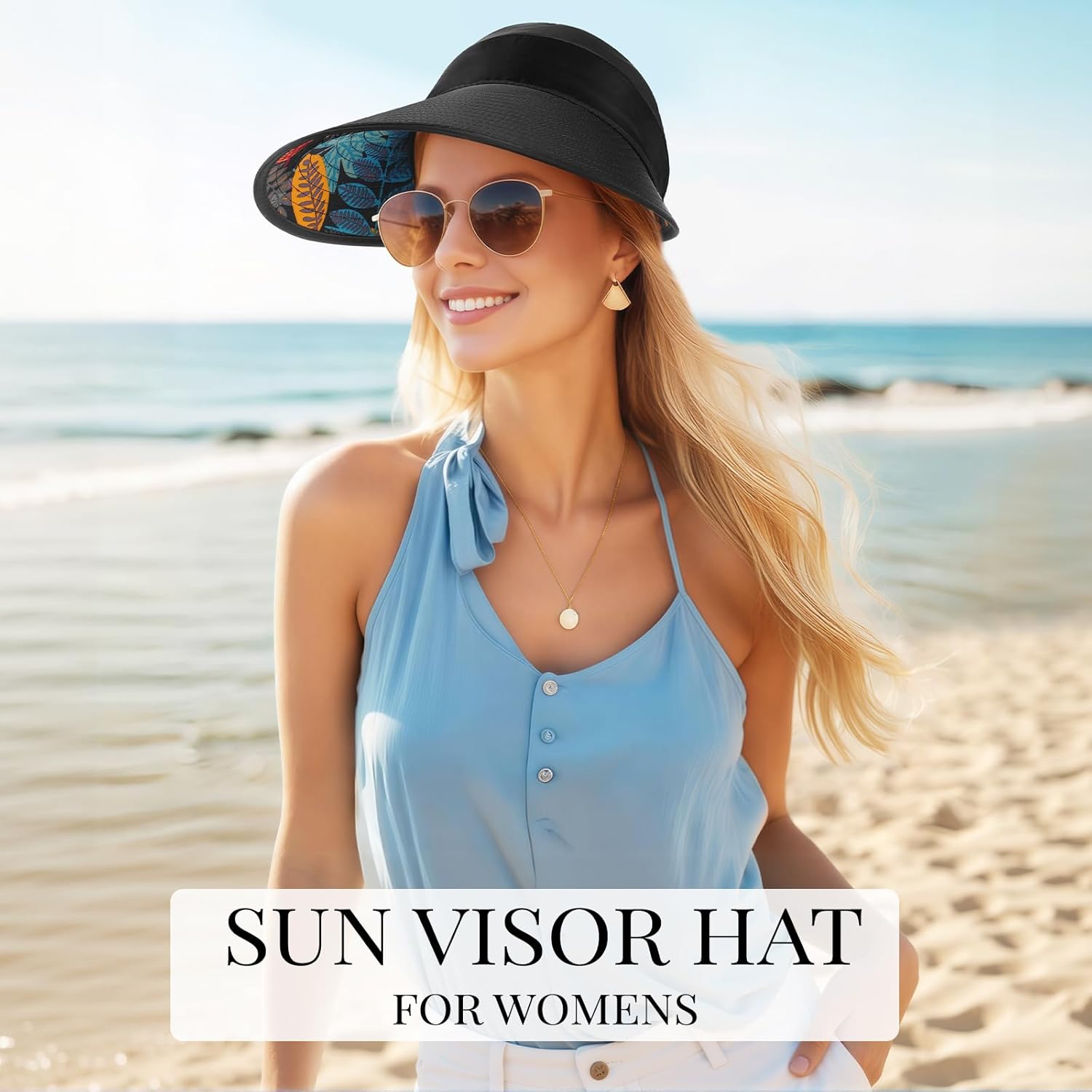 Sun Hats for Women, Wide Brim Beach Hats UV Protection, Packable Visor Ponytail Sunhat for Summer