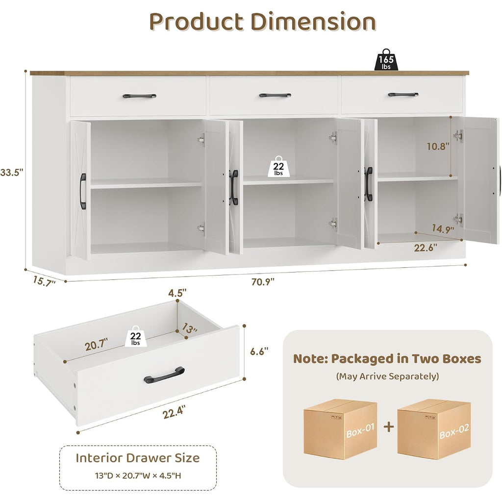 Hostack 71"W Farmhouse Kitchen Sideboard Buffet Cabinet With Storage, White | Large Coffee Bar Cabinet With 3 Wide Drawers, Long Buffet Table With Shelves, Kitchen Storage Cabinet For Dining Room