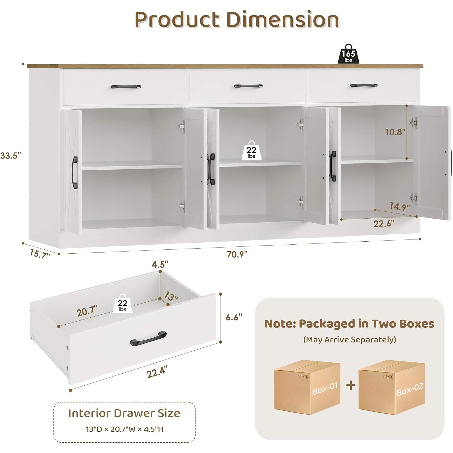 Hostack 71"W Farmhouse Kitchen Sideboard Buffet Cabinet With Storage, White | Large Coffee Bar Cabinet With 3 Wide Drawers, Long Buffet Table With Shelves, Kitchen Storage Cabinet For Dining Room