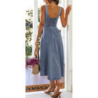 Ebossy Stretchy Smocked Denim Dress For Women Sleeveless Babydoll Button Down Midi Long Jean Dresses
