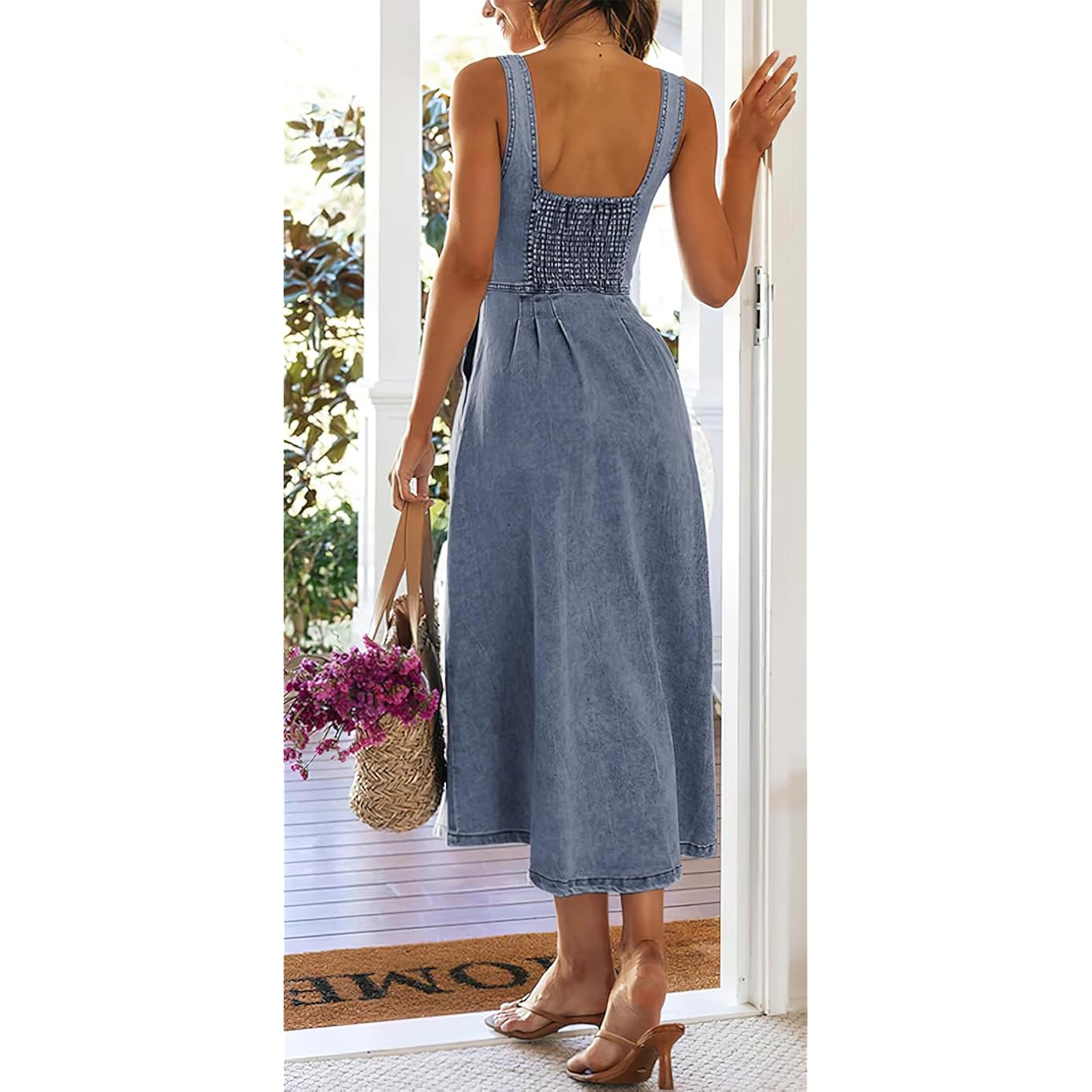 Ebossy Stretchy Smocked Denim Dress For Women Sleeveless Babydoll Button Down Midi Long Jean Dresses