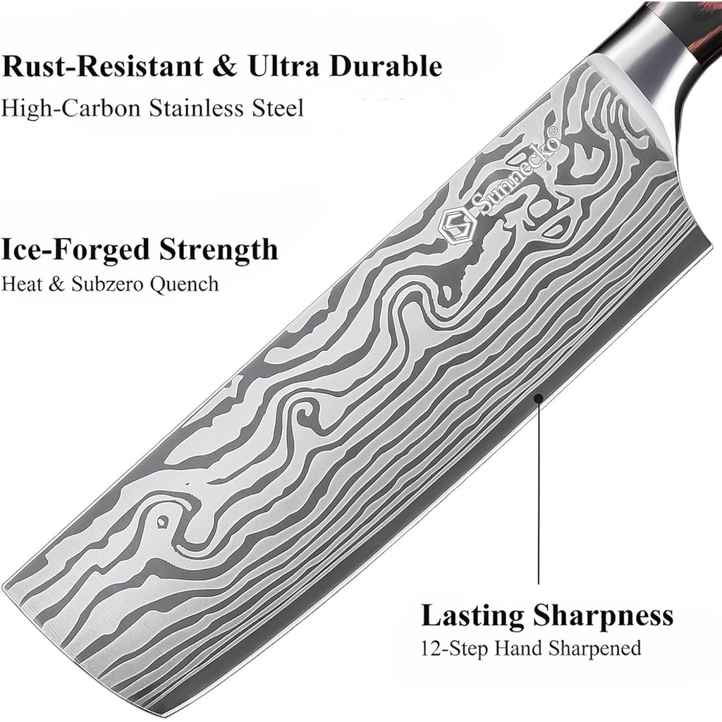 Sunnecko Japanese Nakiri Knife 7 Inch - 15° Edge Carbon Steel Chef Knife Full Tang Forged Blade Vegetable Cleaver with Sheath, Kitchen Gift for Home Cooks & Pros, Father's Day Box