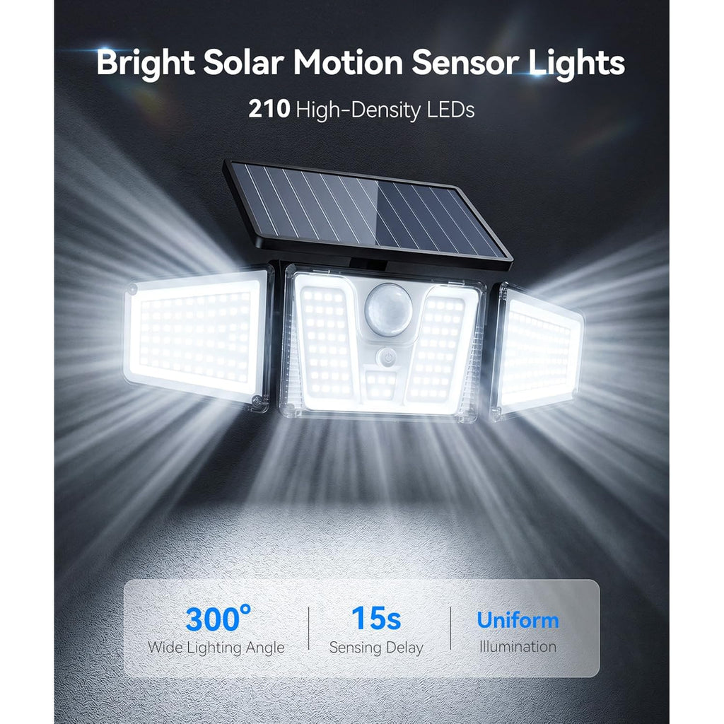 Kooper Solar Flood Lights, 210 Led Motion Sensor Outdoor Lights, Solar Motion Lights Outdoor Waterproof, 3 Heads 300° Wide Angle Outdoor Security Lights For Yard Patio Garage Entryways, 2 Pack, Black