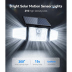 Kooper Solar Flood Lights, 210 Led Motion Sensor Outdoor Lights, Solar Motion Lights Outdoor Waterproof, 3 Heads 300° Wide Angle Outdoor Security Lights For Yard Patio Garage Entryways, 2 Pack, Black