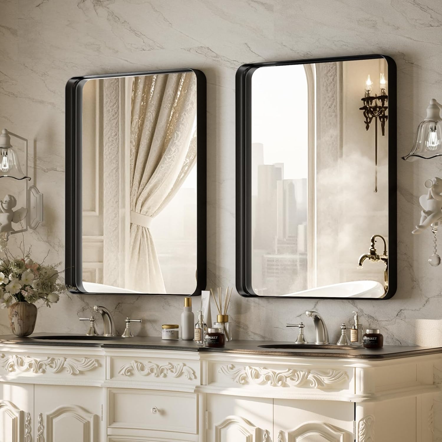 Bathroom Mirror 24X32 Inch, Black Gorgeous Deep Frame Wall Mirror, Modern Round Corner Bathroom Vanity Mirror For Bedroom, Living Room, Hanging Or Leaning Horizontal Or Vertical, Black