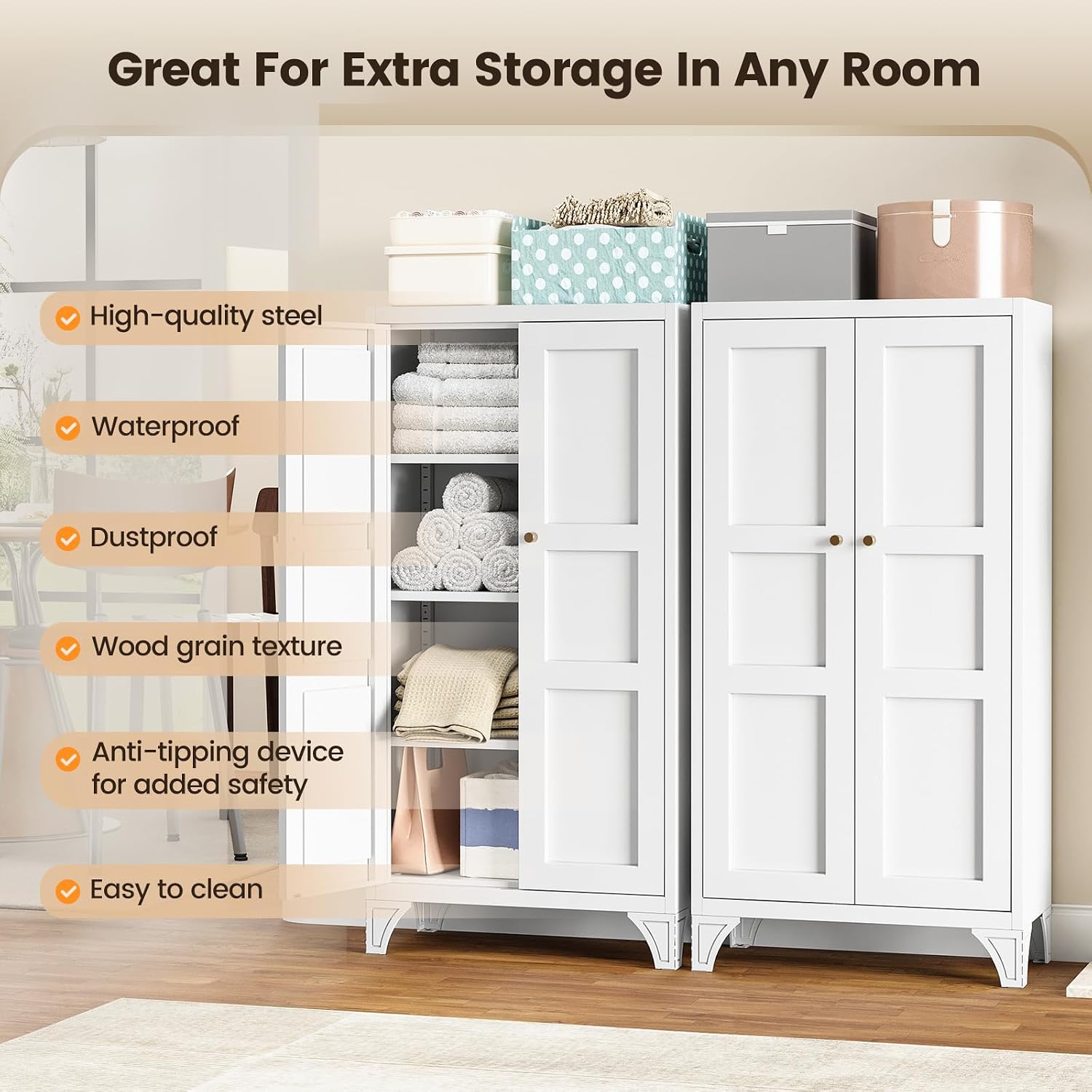 Metal Storage Cabinet With Doors And 3 Adjustable Shelves - 47" White Kitchen Pantry Storage Cabinet Locker For Kitchen,Living Room,Dining Room