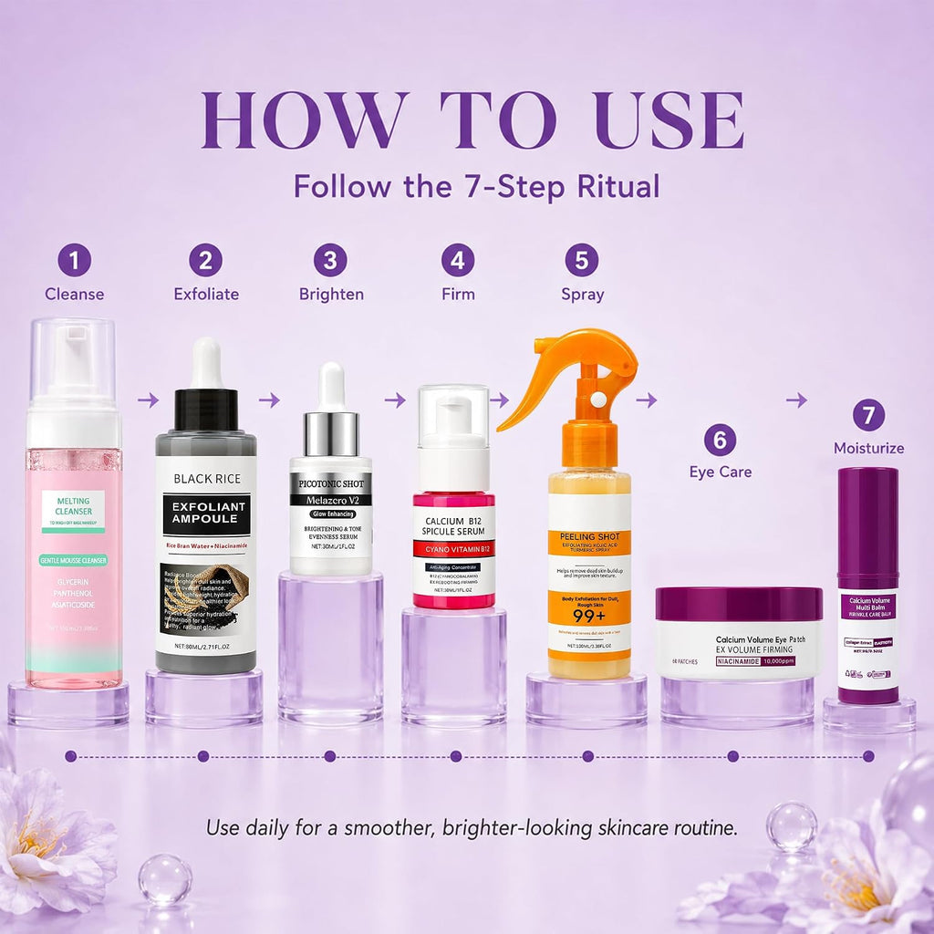 Skincare Routine Set - Facial Care Kit With Cleanser, Serums, Balm & Eye Patches - Hydrating & Daily Skin Care