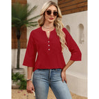 Lomon 3/4 Length Sleeve Womens Tops Cotton Linen Shirts V Neck Loose Fit Casual Blouses Early Fall Fashion Clothes