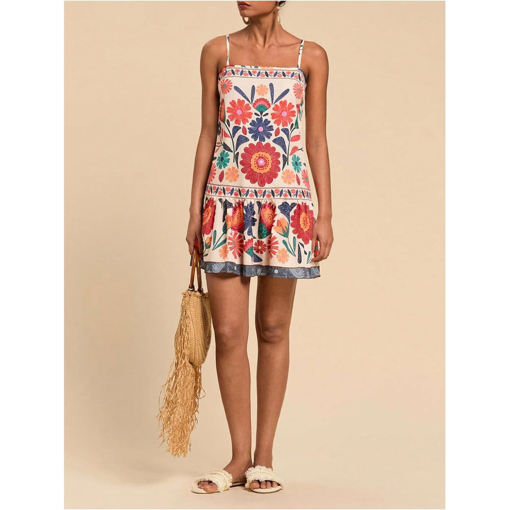 Roseseek Women'S Floral Boho Flowy Mini Cami Dress Ruffle Hem Spaghetti Strap Vacation Tank Dresses