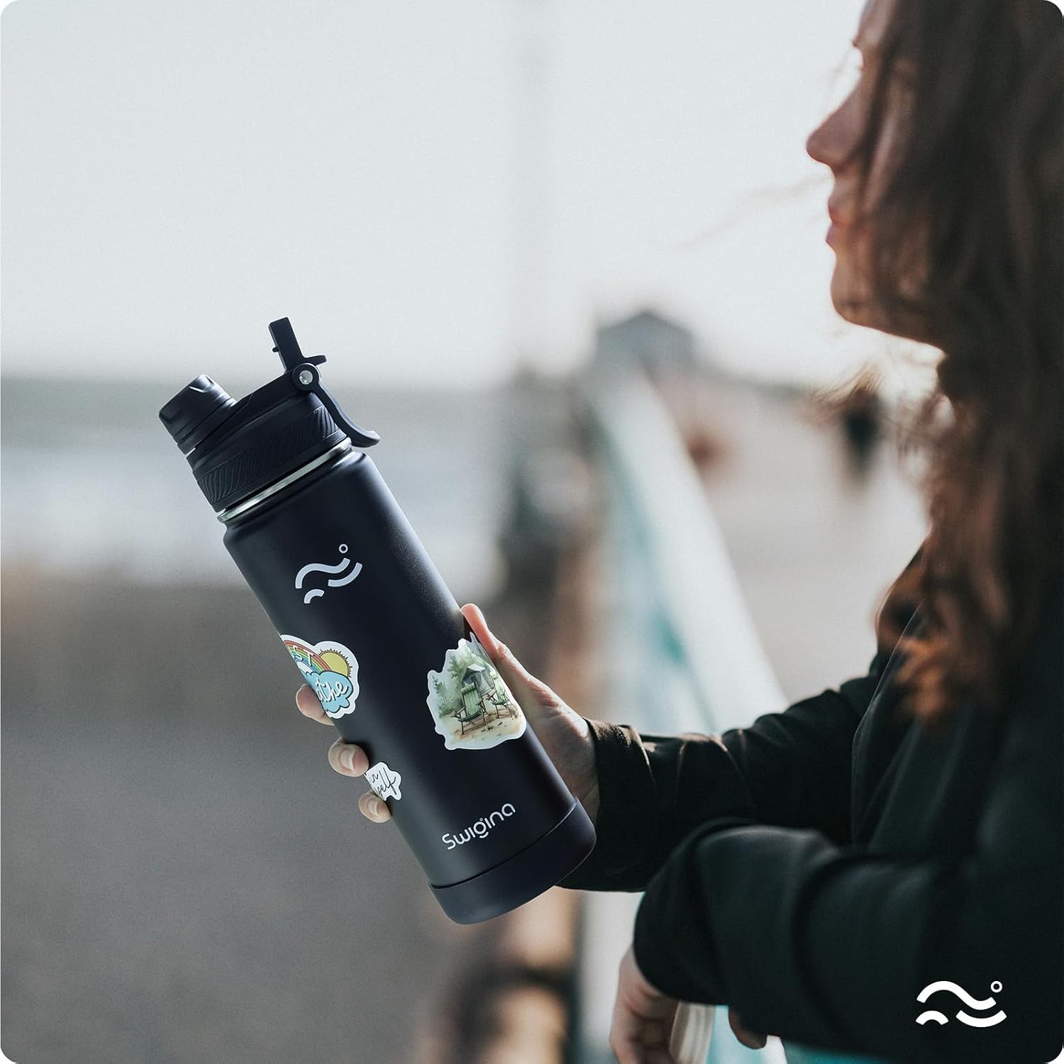 Insulated Water Bottle With Silicone Boot (36Hrs Cold/18Hrs Hot) - Diy Stickers, Leakproof, Bpa Free, Black, 24 Oz [2-In-1 Lid]