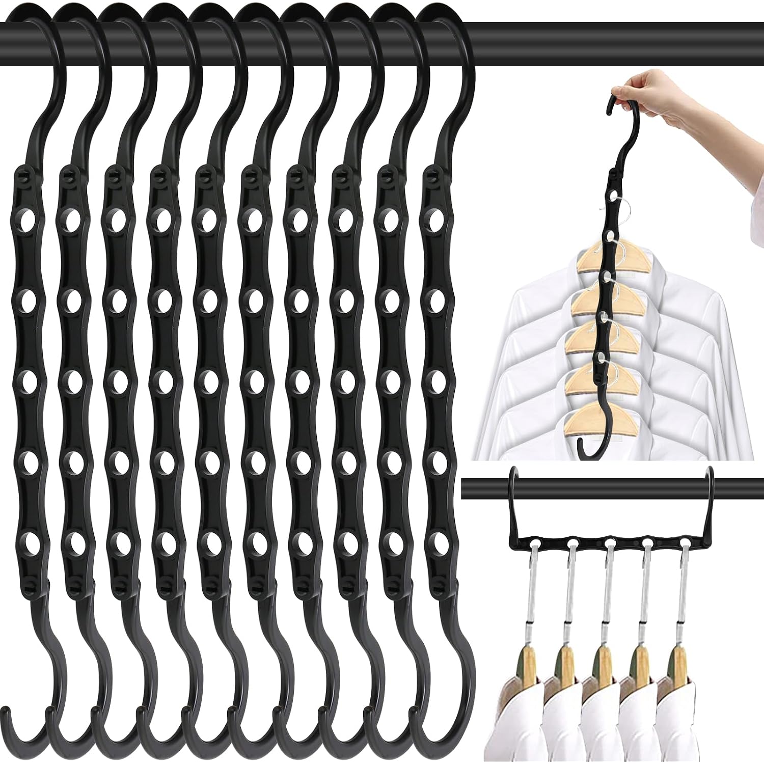Space Saving Hangers 10 Pack, Heavy Duty Magic Cascading Hanger Organizer With 5 Enclosed Anti-Slip Holes, Closet Organizers And Storage For Clothes, College Dorm Room Essentials, Black
