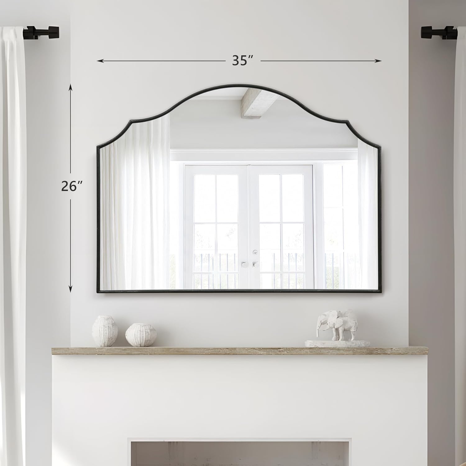 Scalloped Arched Mirror For Mantel: 35"X26" Black Modern Wooden Wall Mirror - Minimalist Decorative Dresser For Vanity/Bathroom/Bedroom/Fireplace/Living Room/Entryway - Stylish Home Decor
