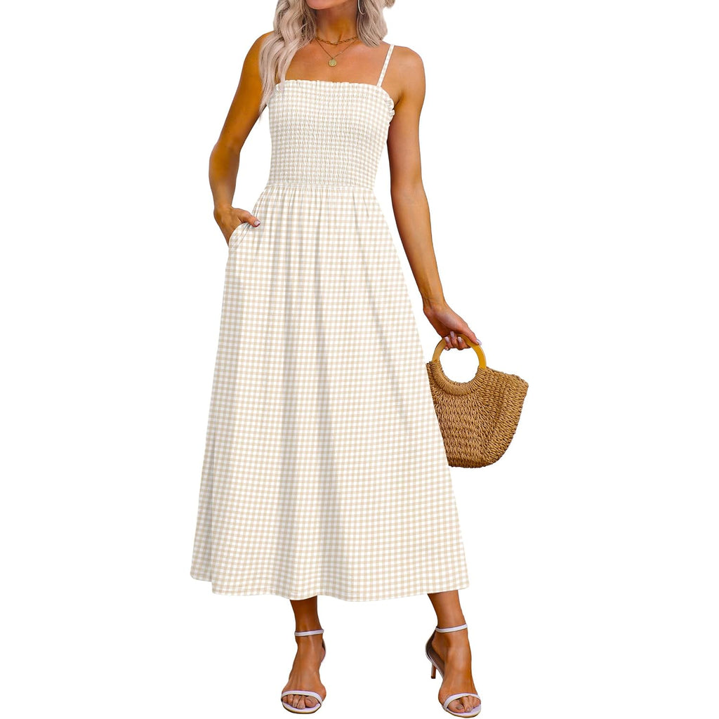 Ofeefan Womens Spaghetti Strap Maxi Dresses Smocked With Pockets 2026 Summer Spring Casual Boho Beach Long Sundresses