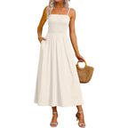 Ofeefan Womens Spaghetti Strap Maxi Dresses Smocked With Pockets 2026 Summer Spring Casual Boho Beach Long Sundresses