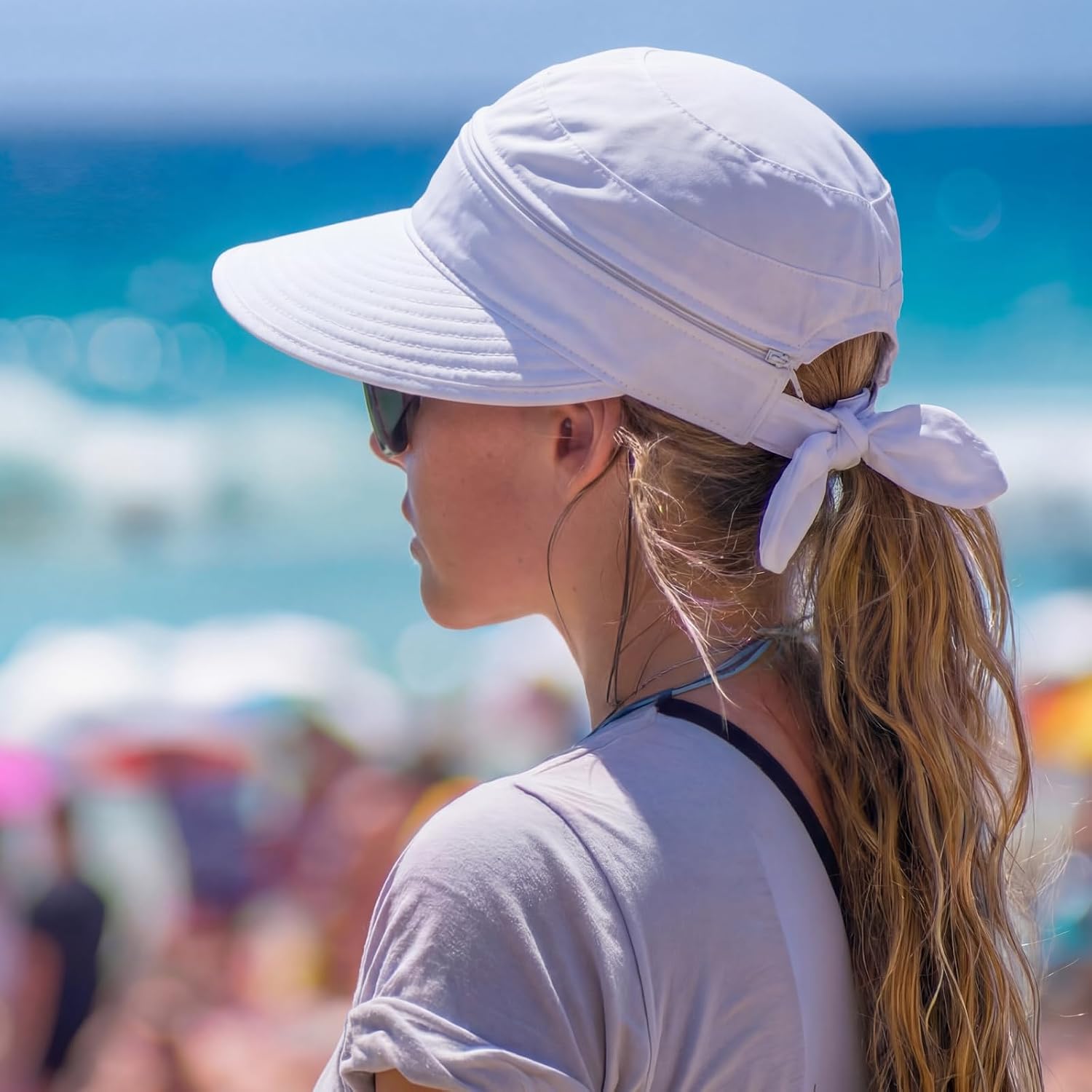 2-in-1 Zip-Off Sun Visor Hat for Women, Lightweight Wide Brim UV Protection Ponytail Hat, Breathable Summer Cap White
