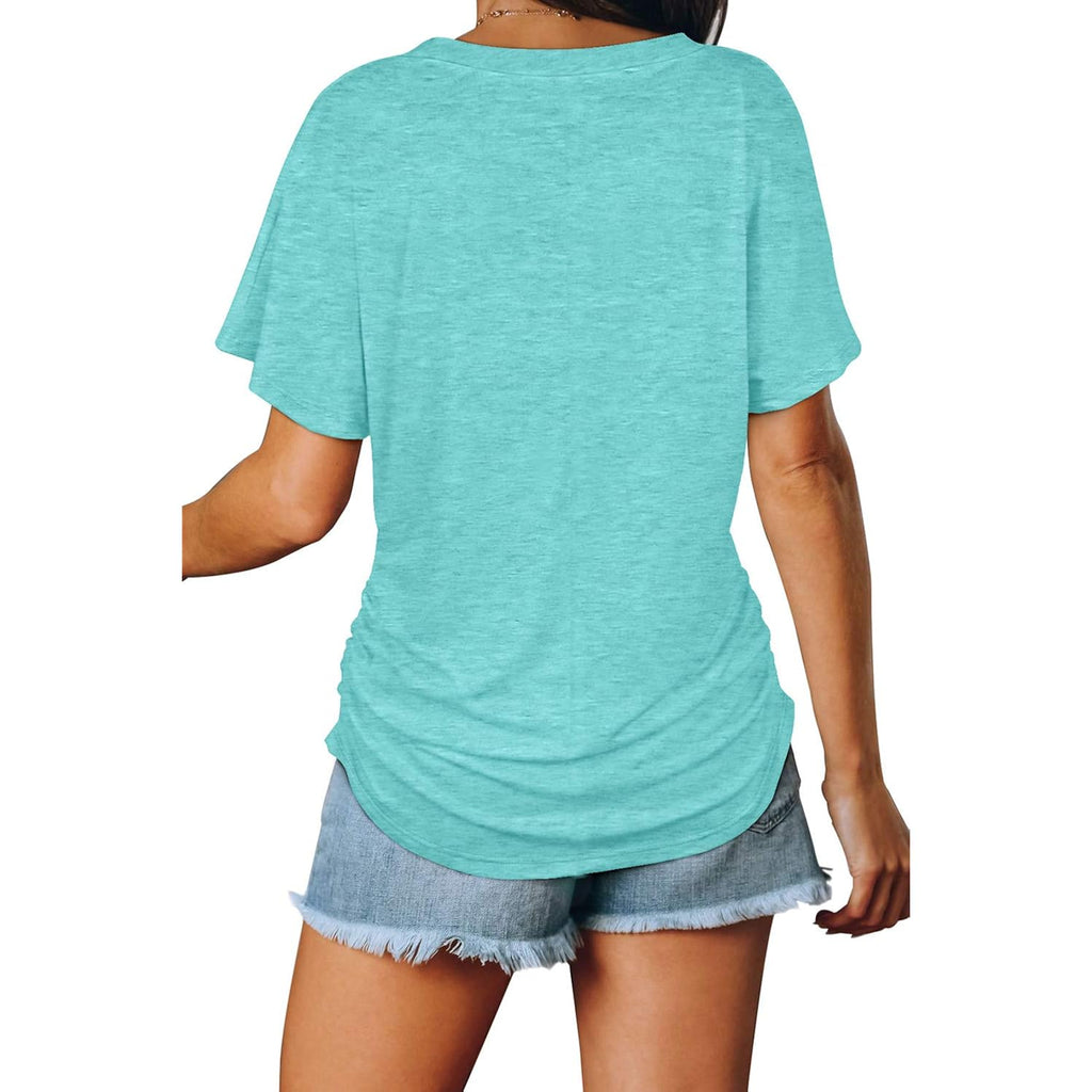 Womens Summer T-Shirts Short Sleeve V Neck Dolman Tops with Side Shirring Loose Fit Shirts Spring Fashion