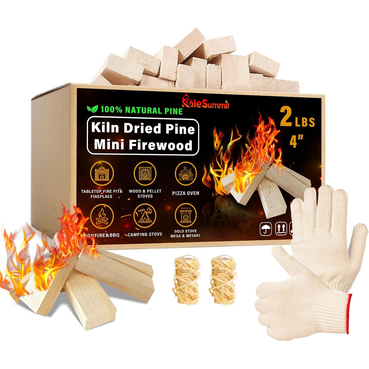 Mini Firewood 4" Kiln Dried Fire Pit Wood For Solo Stove Accessories, Camp Stoves, Tabletop Pits, Bbq Grills & Pizza Ovens 2 Lb Box With Fire Starters & Handling Gloves
