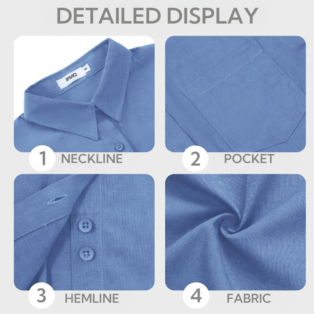 Womens Button Down Shirts Cotton Linen Long Sleeve Dress Shirts Casual Summer Tops Work Blouses With Pockets
