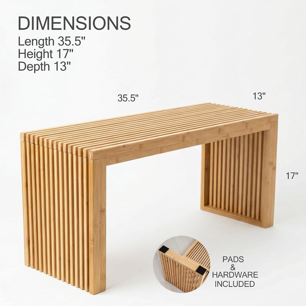 Bamboo Natural 36 Inch Wooden Bench, Small Wood Benches For Entryway, Living & Dining Room, Kitchen, Bedroom, Bathroom, Hallway, Front Door, For Indoor & Outdoor Patio Use, Mid Century Modern Decor