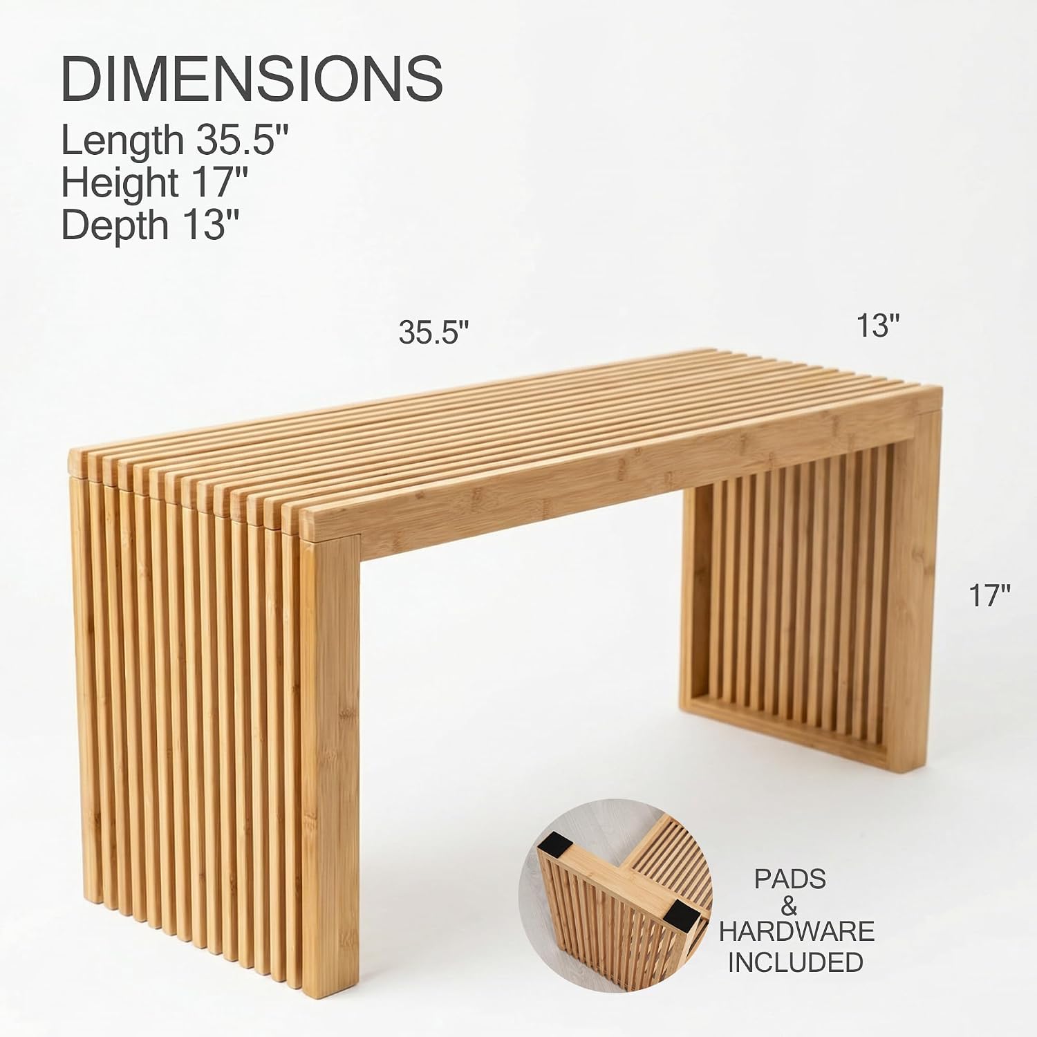 Bamboo Natural 36 Inch Wooden Bench, Small Wood Benches For Entryway, Living & Dining Room, Kitchen, Bedroom, Bathroom, Hallway, Front Door, For Indoor & Outdoor Patio Use, Mid Century Modern Decor