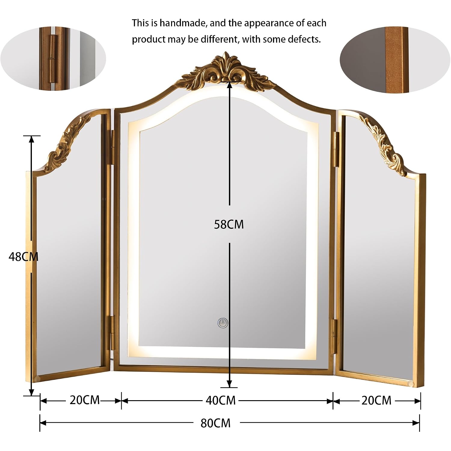 Hsddhome Antique Gold Triple Fold Makeup Mirror With Tri-Color Led Lighting & Dimming, Baroque Carved Arch Vintage Vanity Mirror, Bohemian Decor For Bedroom/Dressing Room, 31X23 Inch