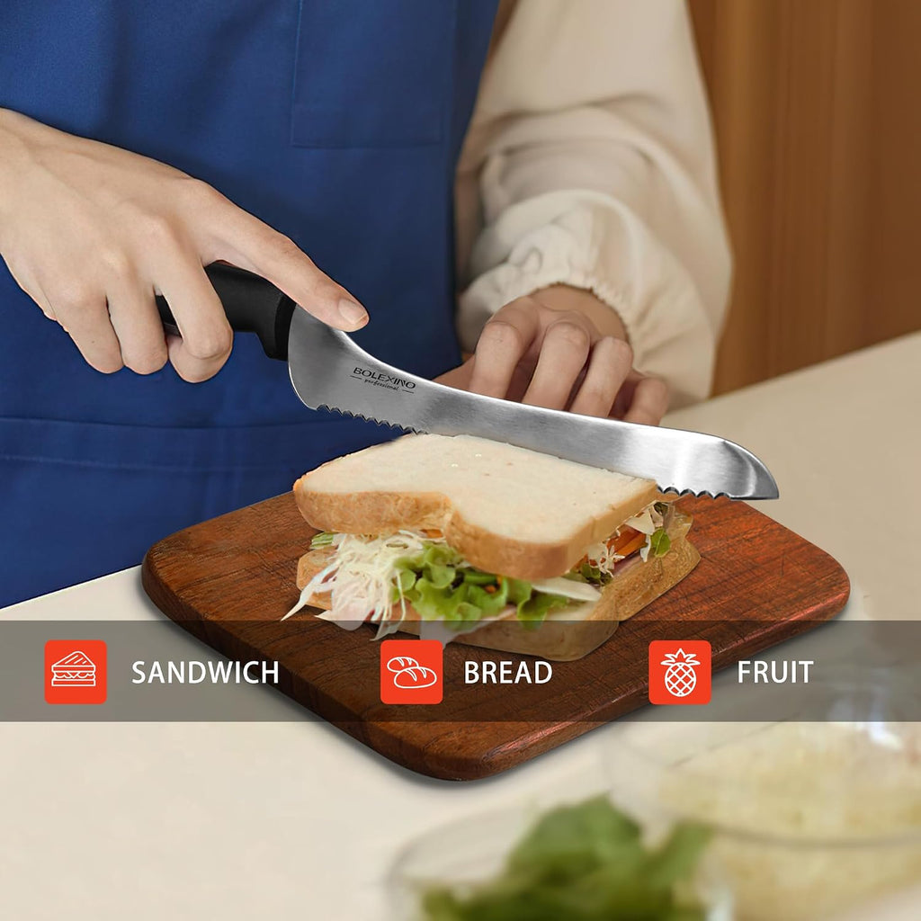 9 Inch Offset Serrated Bread Knife, Wavy Edge Knife, High Carbon Stainless Steel Multi-Purpose Kitchen Knife For Homemade Bread, Crusty Breads, Cake, Bagel