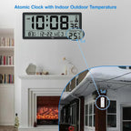 Atomic Clock With Indoor Outdoor Temperature, 14.5" | Easy To Read, Self Setting, Jumbo Auto Set Digital Wall Clock, Battery Operated
