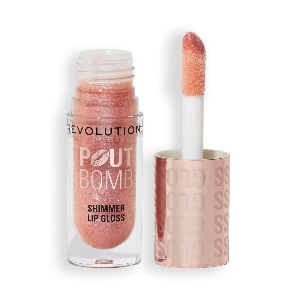 Revolution, Pout Bomb Shimmer Lip Gloss, Buildable Sheer Color, High-Shine with Hyaluronic Acid & Sweet Vanilla Scent, Vegan & Cruelty-Free, Glimmer Nude, 0.15 oz