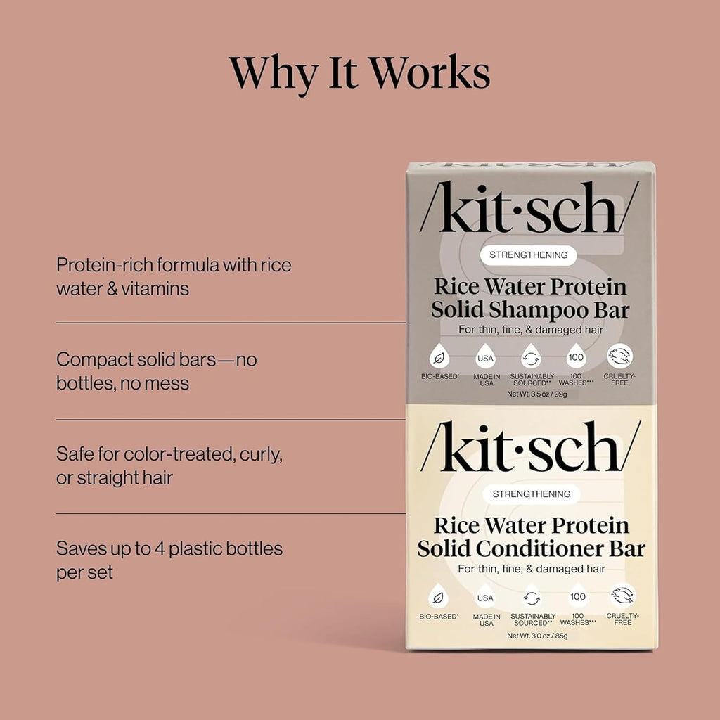 Kitsch Rice Water Shampoo & Conditioner Set – Solid Shampoo & Conditioner Bar With Protein For Hair Growth, Strengthening Hair & Damage Repair – Paraben, Sulfate & Silicone Free – 2 Pack