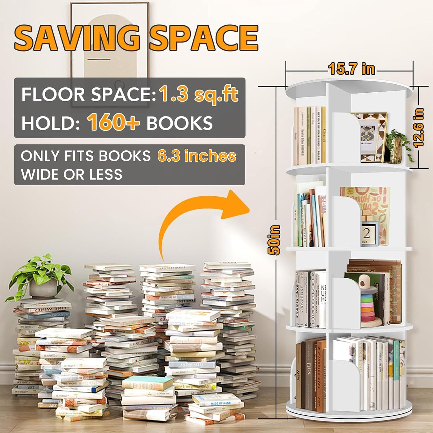 4 Tier Rotating Bookshelf Tower, Spinning Bookshelf, Revolving 360° Bookcase Storage Round Carousel, Vertical Rotate Turning Spiral Corner Organizer Lazy Susan, White