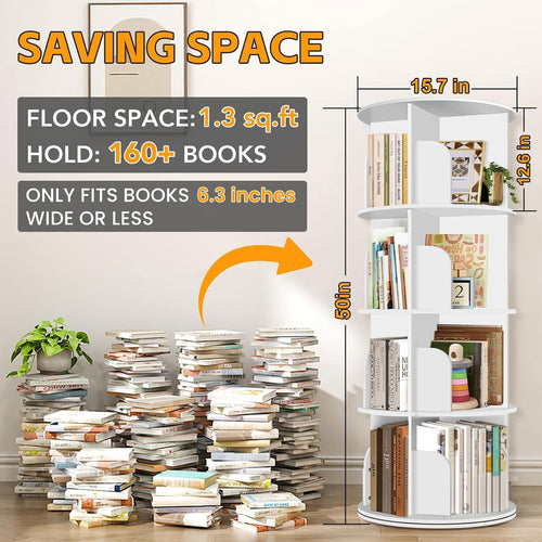4 Tier Rotating Bookshelf Tower, Spinning Bookshelf, Revolving 360° Bookcase Storage Round Carousel, Vertical Rotate Turning Spiral Corner Organizer Lazy Susan, White