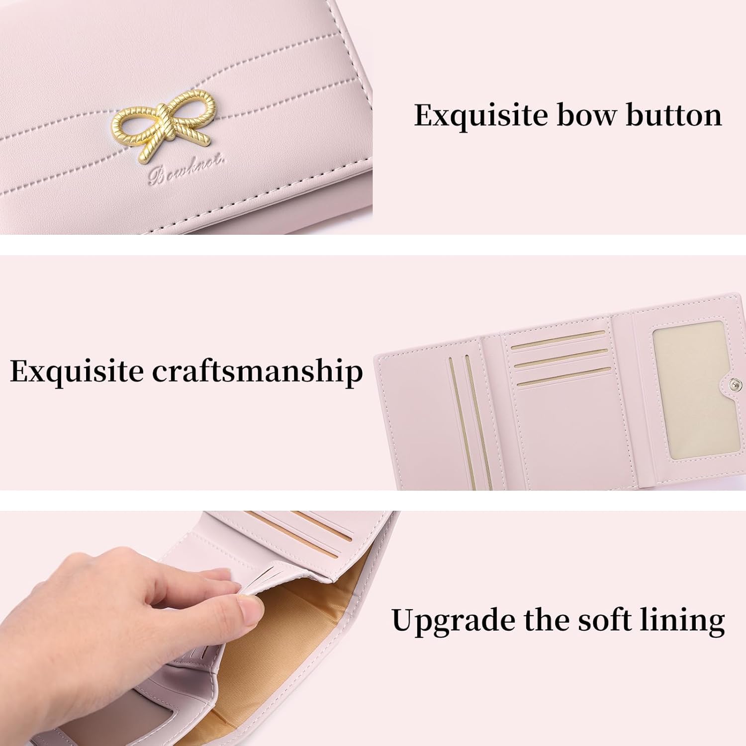 RNIEGA Small Wallets Girls Cute Coquette Bow Wallet Women Aesthetic Credit Card Holder with ID Window, Pink