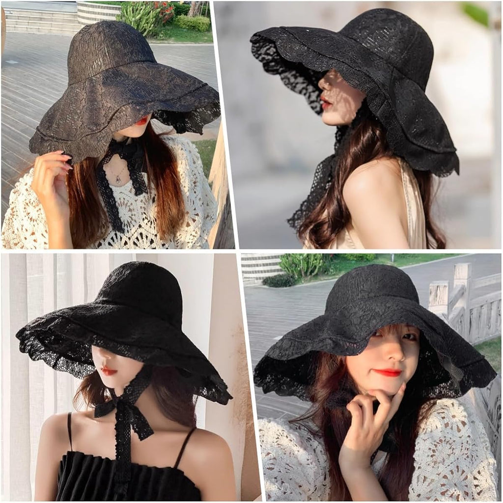 Women Sun Hat Wide Brim Lace Sunscreen Hat with Ribbon Folding Beach Cap Summer Sun Hat Elegant Vintage Dress Hats Black