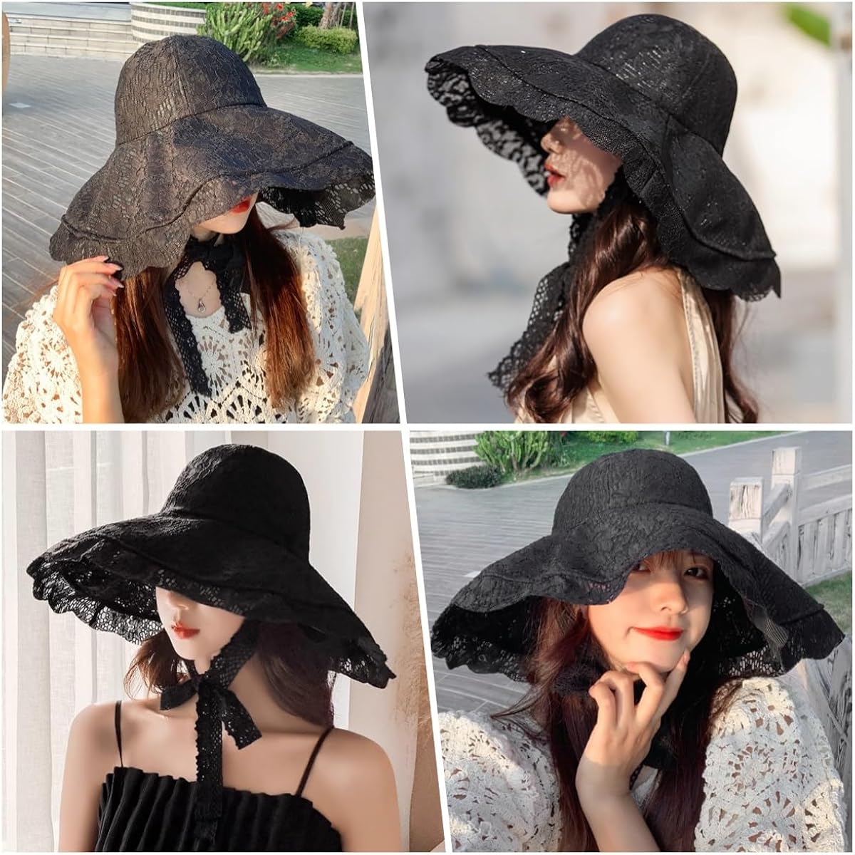Women Sun Hat Wide Brim Lace Sunscreen Hat with Ribbon Folding Beach Cap Summer Sun Hat Elegant Vintage Dress Hats Black