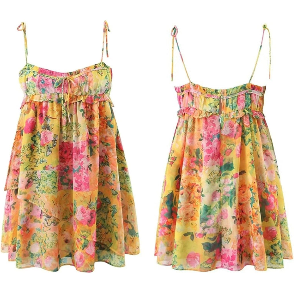 Floral Boho Mini Dress Flowy Chiffon Spaghetti Strap Corset Dress Y2K Floral Summer Dresses For Women 2024