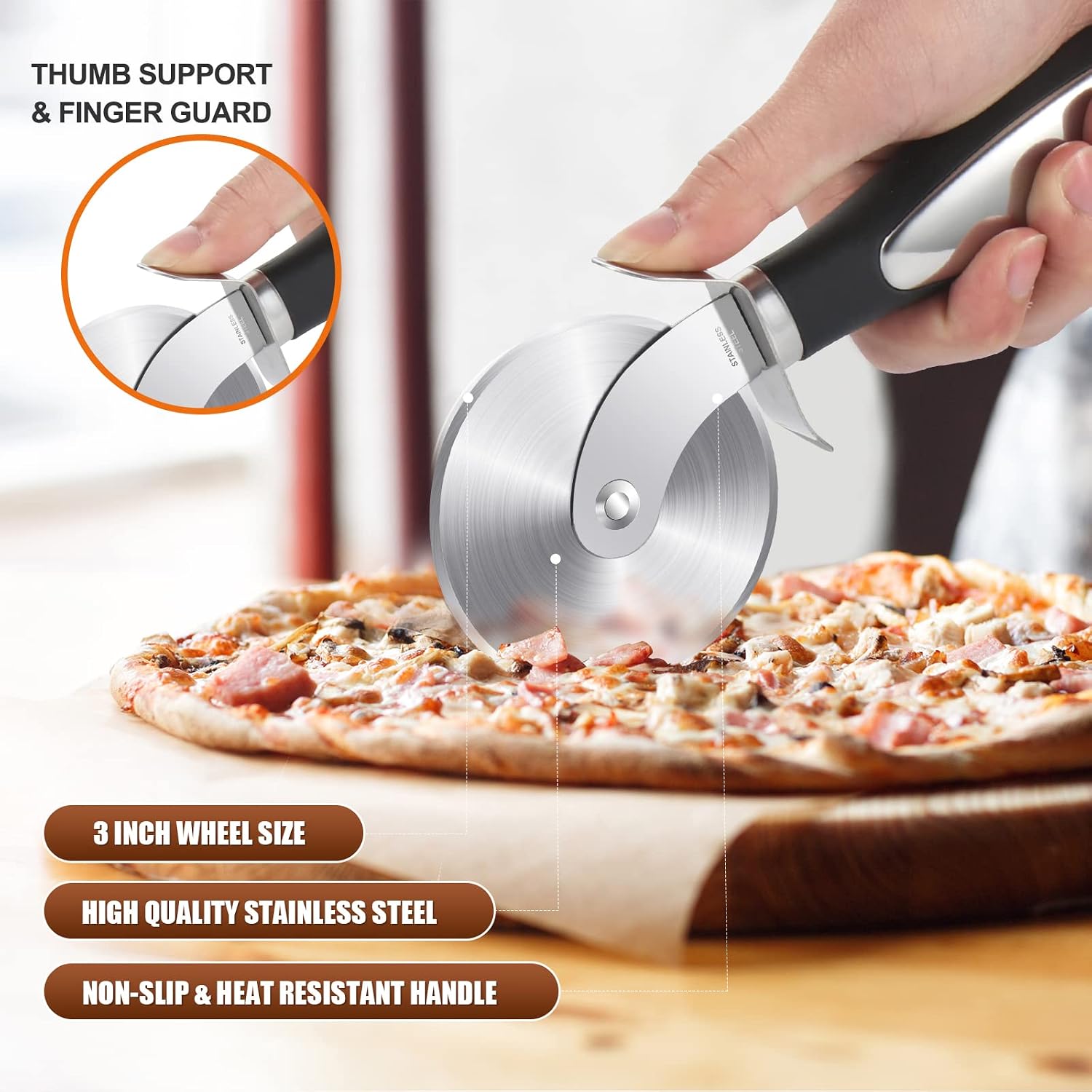 Schvubenr Premium Pizza Cutter Wheel - Ultra Sharp Stainless Steel Pizza Slicer With Non-Slip Soft Grip Handle - Multi-Purpose Cutter For Pizza, Dough & Pastry - Dishwasher Safe, Easy To Clean - Black