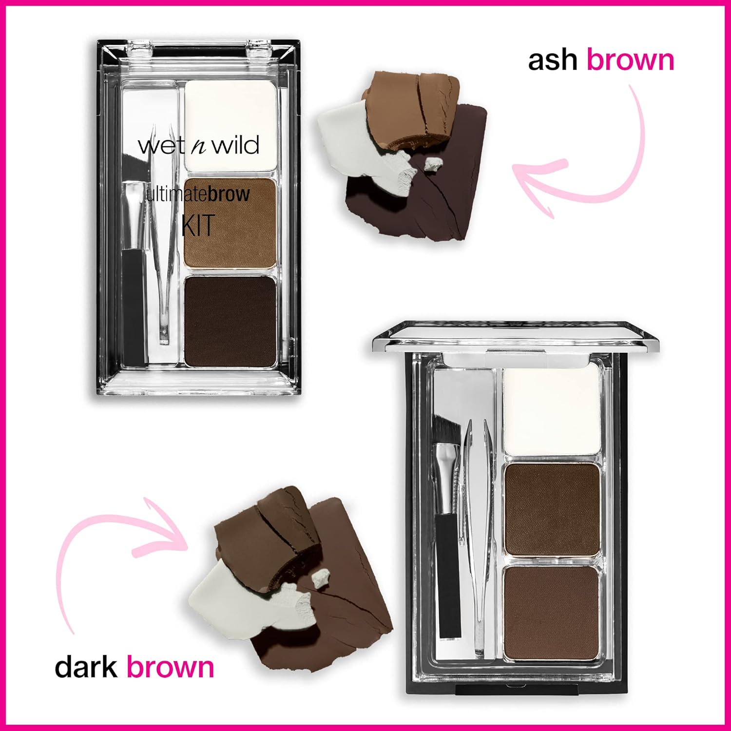 wet n wild Ultimate Eyebrow Makeup Kit, Long-Lasting Matte Brow Powder, Tweezers, Wax & Brush, Built-In Mirror, Purse-Friendly Compact - Dark Brown
